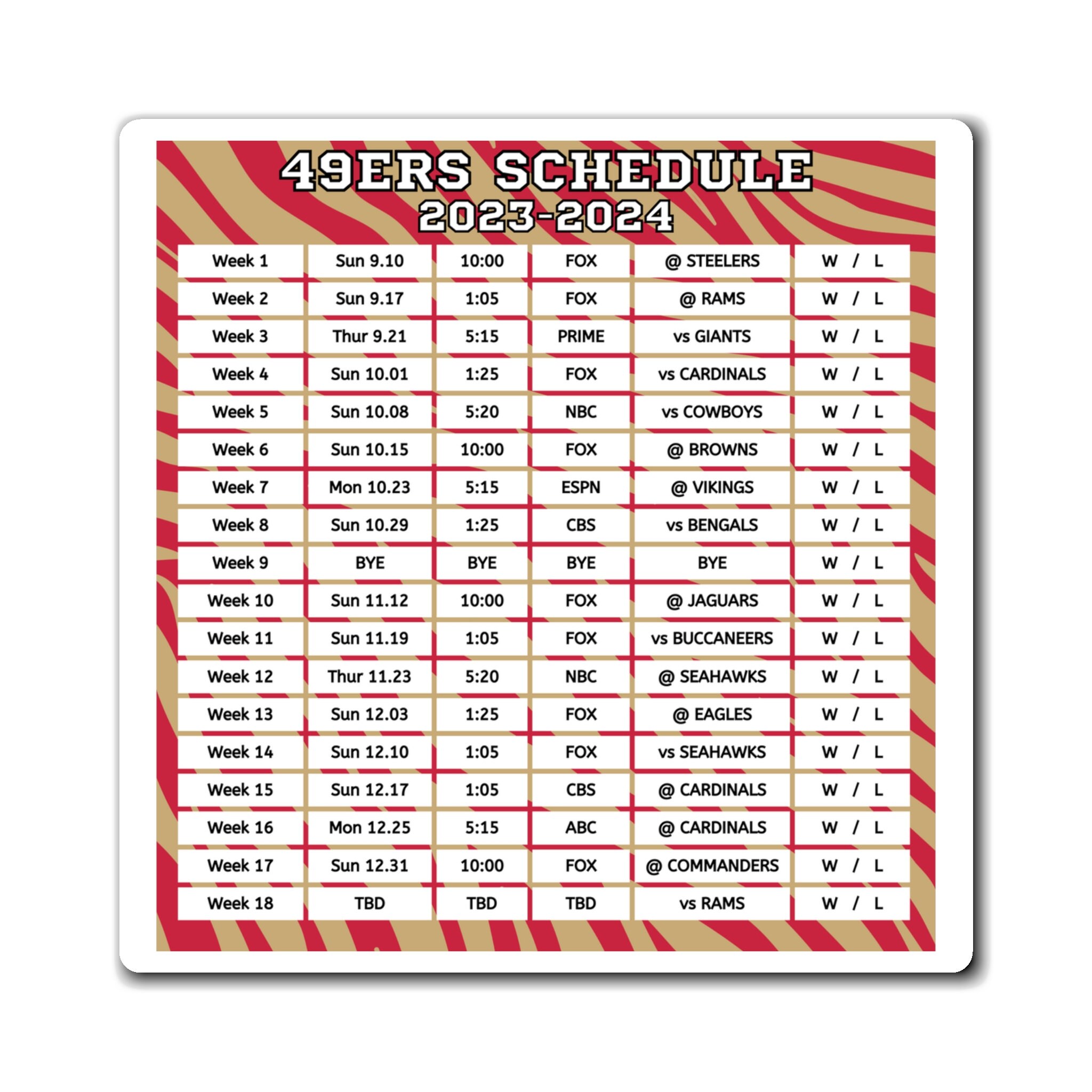 2023 2024 San Francisco 49ers Schedule 6 X 6 Inches Etsy Hong Kong