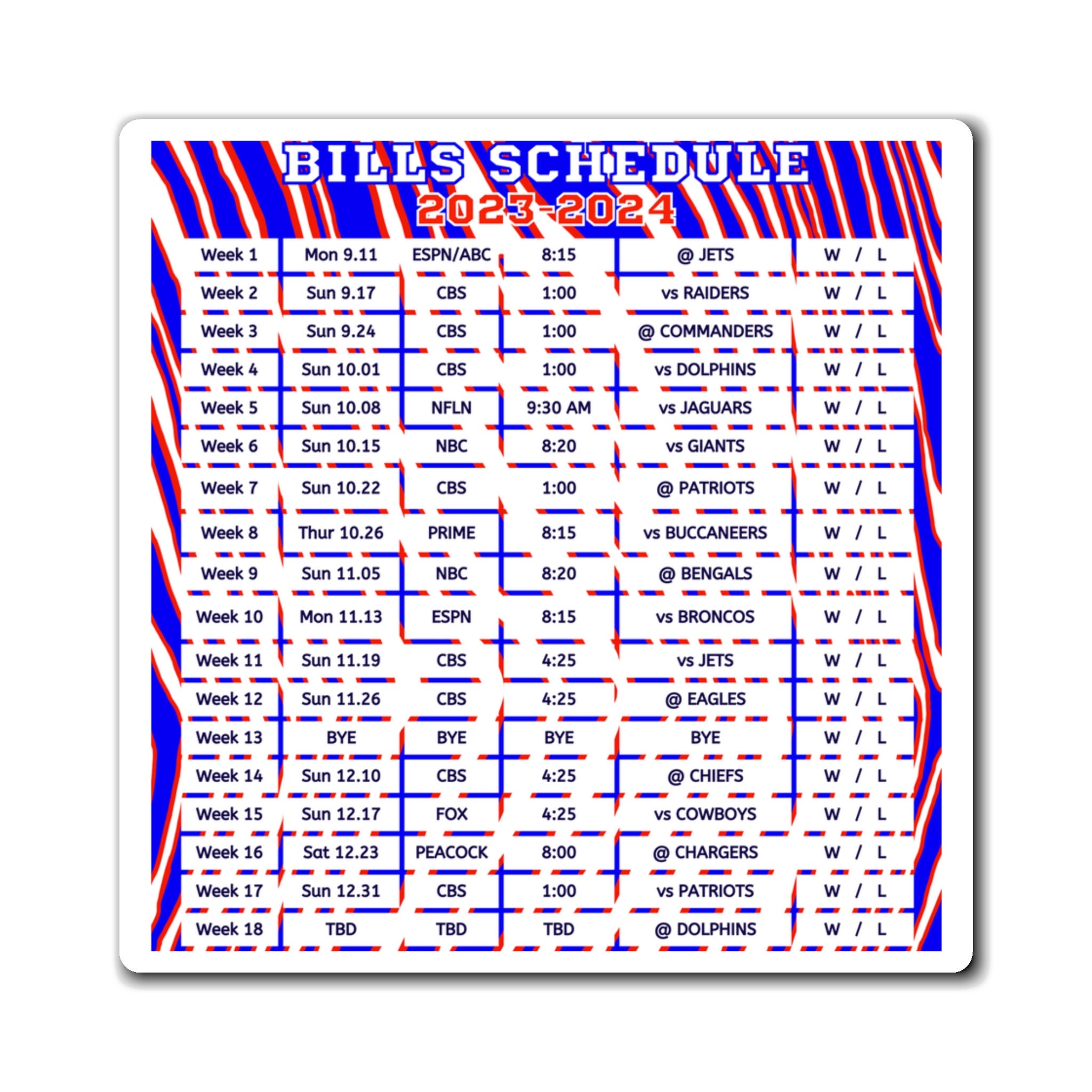2023 buffalo bills schedule magnet buffalo games win lose etsy