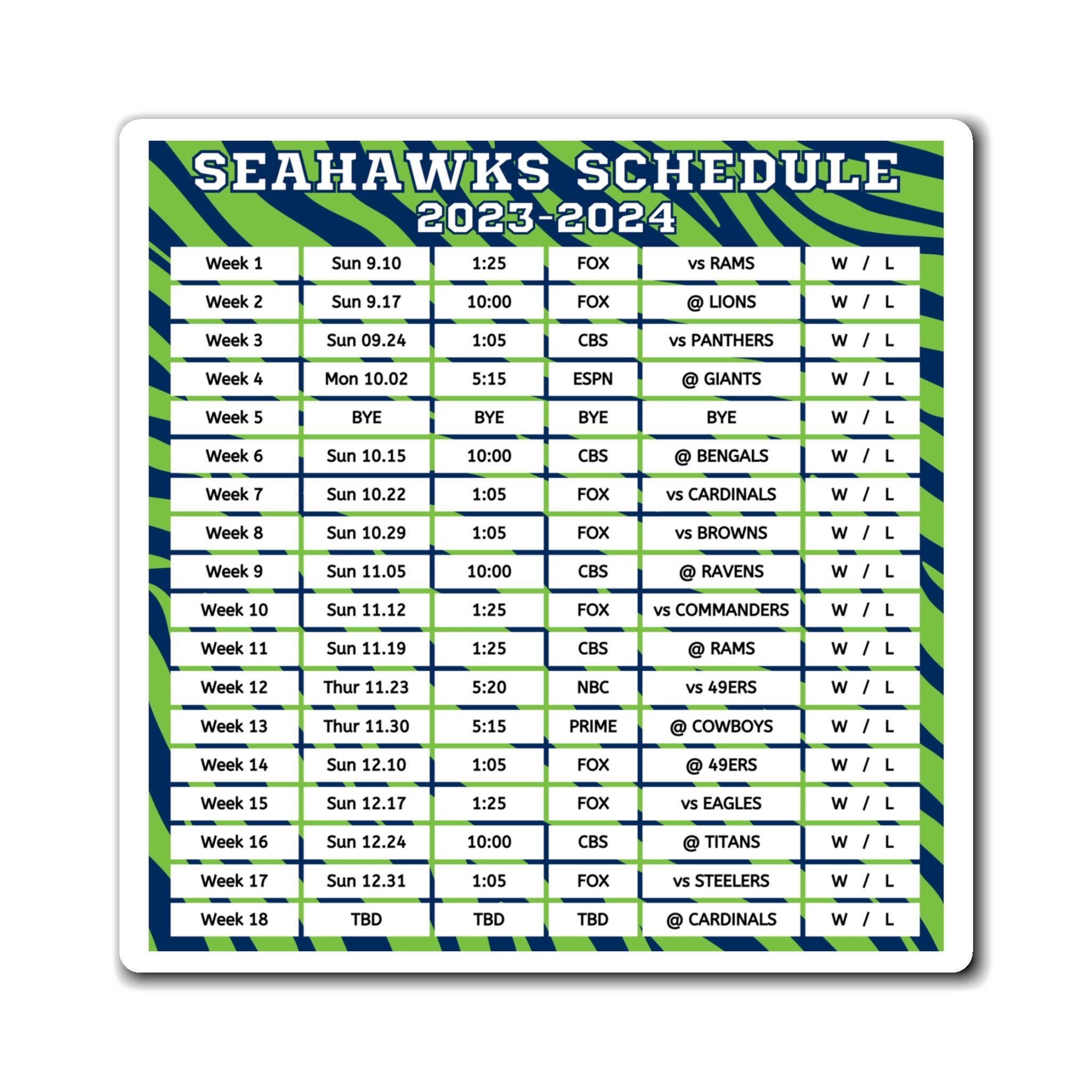 2023 2024 Seattle Seahawks Schedule 6 X 6 Inches Nfl Etsy Finland