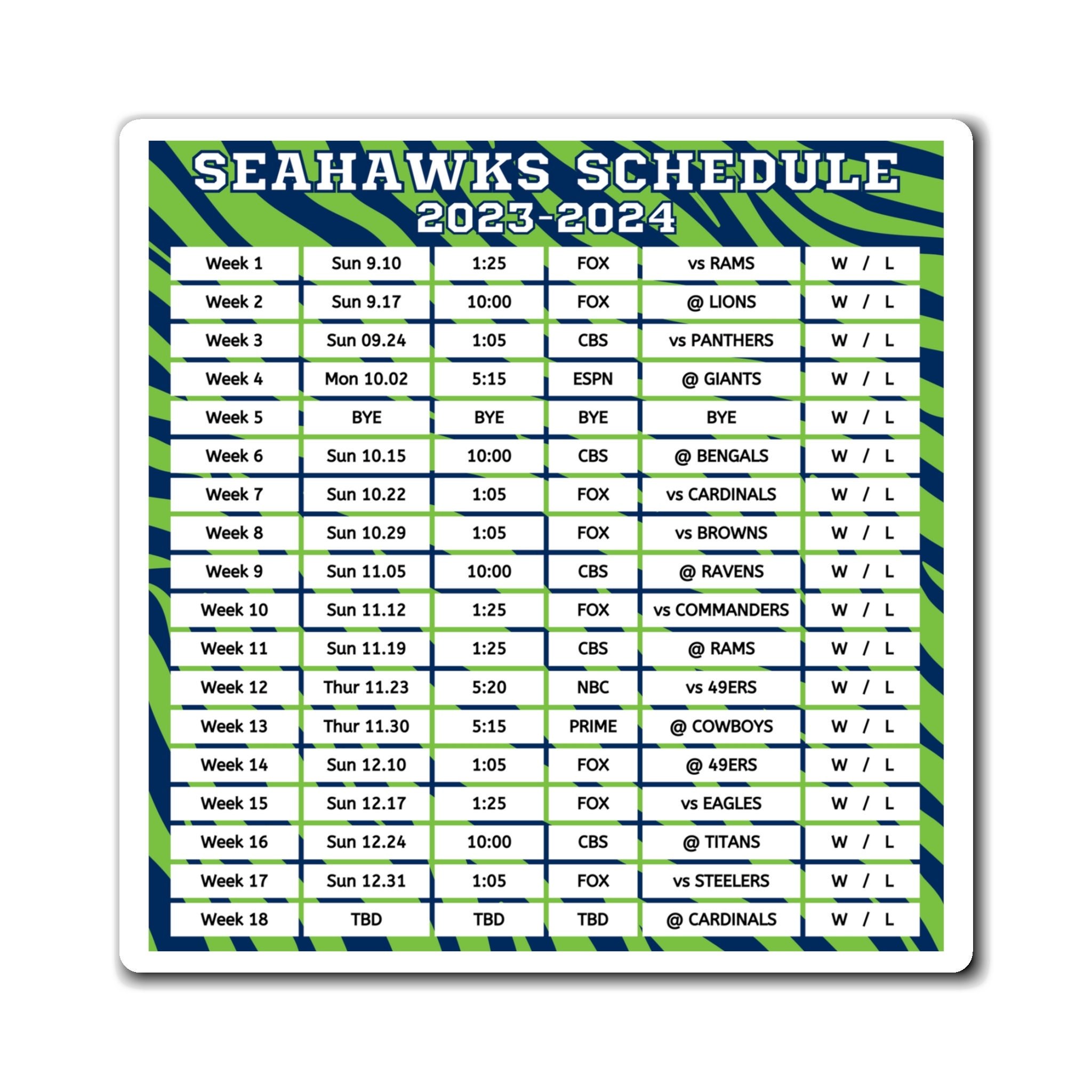 2023 2024 Seattle Seahawks Schedule Magnet 6 X 6 Inches Nfl Etsy