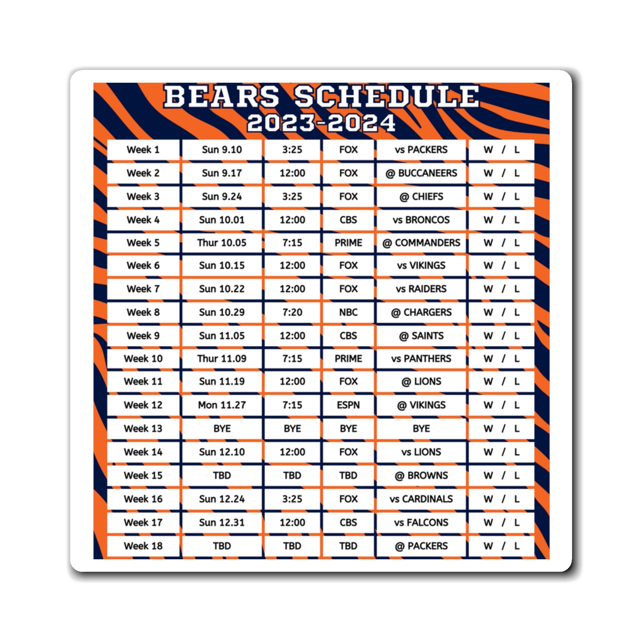 2023 2024 Chicago Bears Schedule Magnet 6 X 6 Inches Nfl 