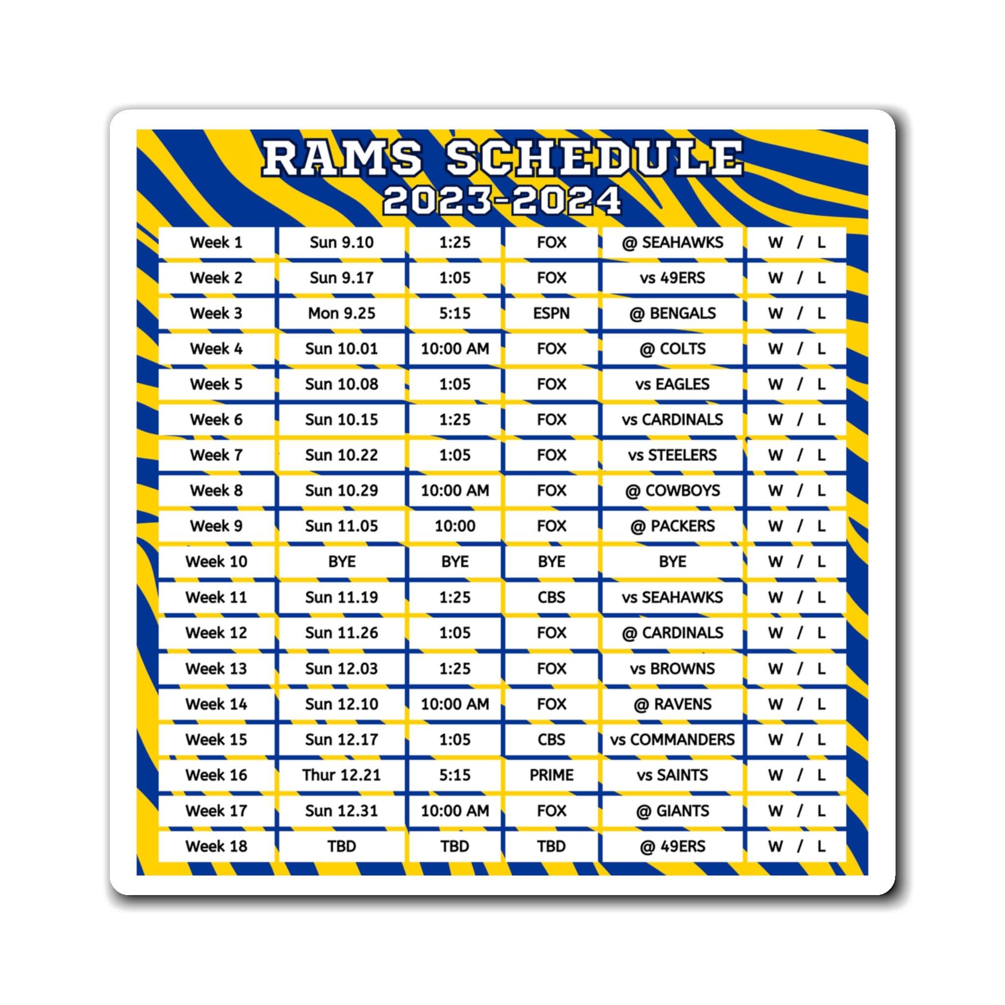 2023 2024 Los Angeles Rams Schedule Magnet 6 X 6 Inches Nfl 