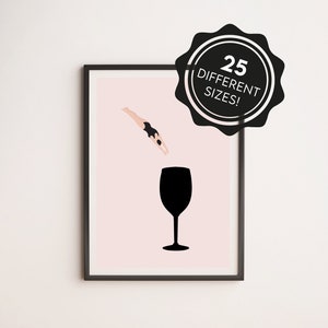 spring in glas wijn print, glas wijn Print, Instant Download, wijn afdrukbaar, alcohol, bar cart art minimalistische wijnprint, wijnliefde