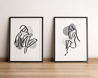 Set of 2 Black and White Woman Abstract Art ,Fine line Boho printable set, Modern Minimal Wall Art, Instant Digital Download Print