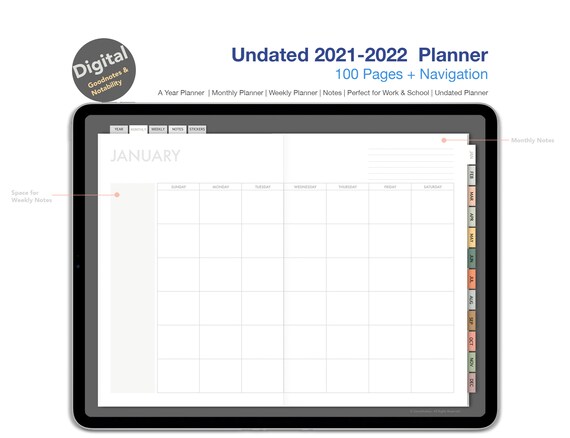Undated Simple Planner - Gray theme | 2021 -2022 Undated Digital Planner | Goodnotes Planner | Goodnotes  Planner