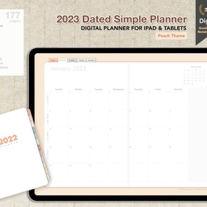 May include: A digital planner for iPad and tablets with a peach theme. The planner includes a 12-month calendar, 53 weeks of daily schedules, and 100 pages of notes. The planner also has sticker collections and over 2000 hyperlinks. The 2022 planner is also shown.