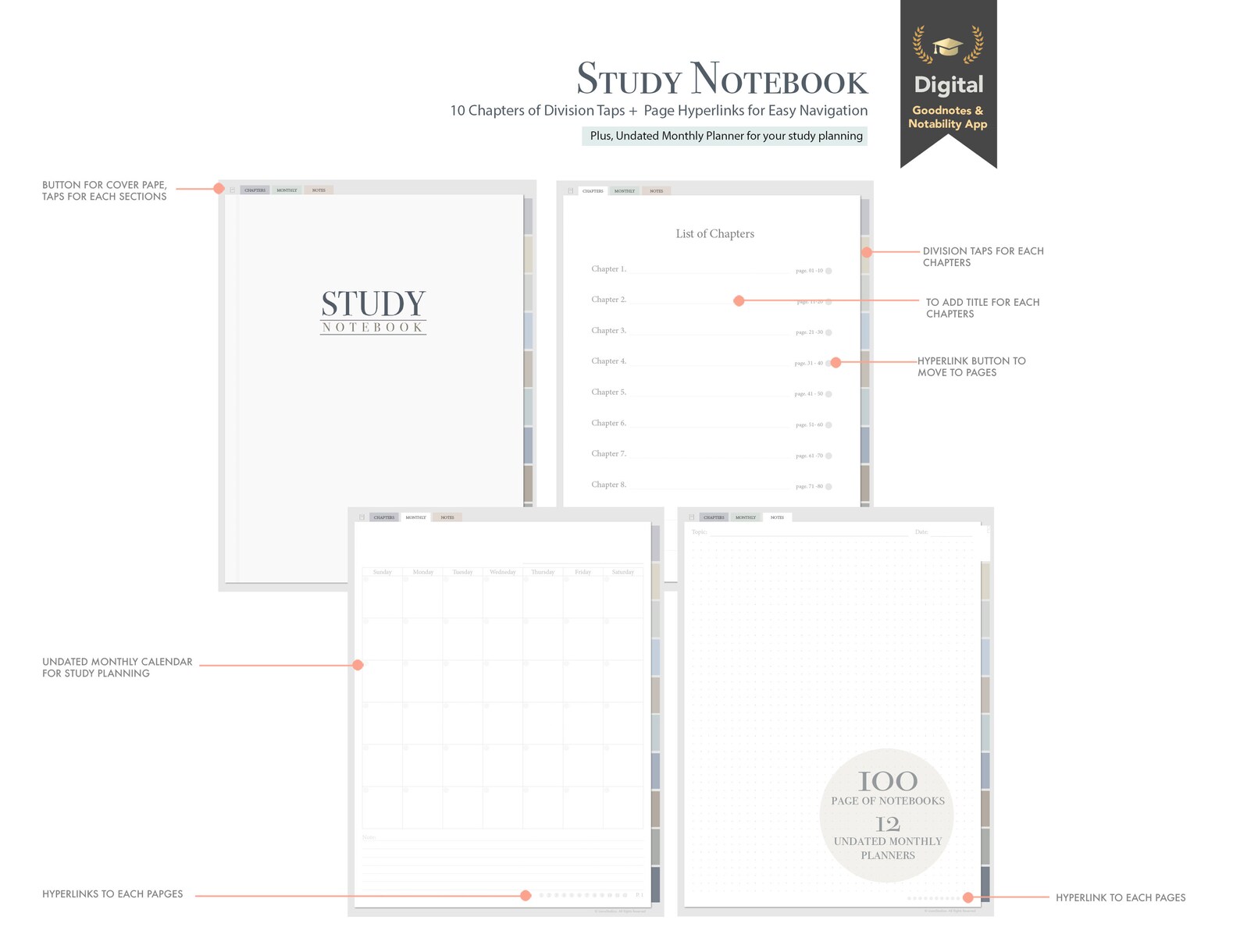 Study Notebook | Digital Notebook | UNDATED Planner | 2022 Planner ...