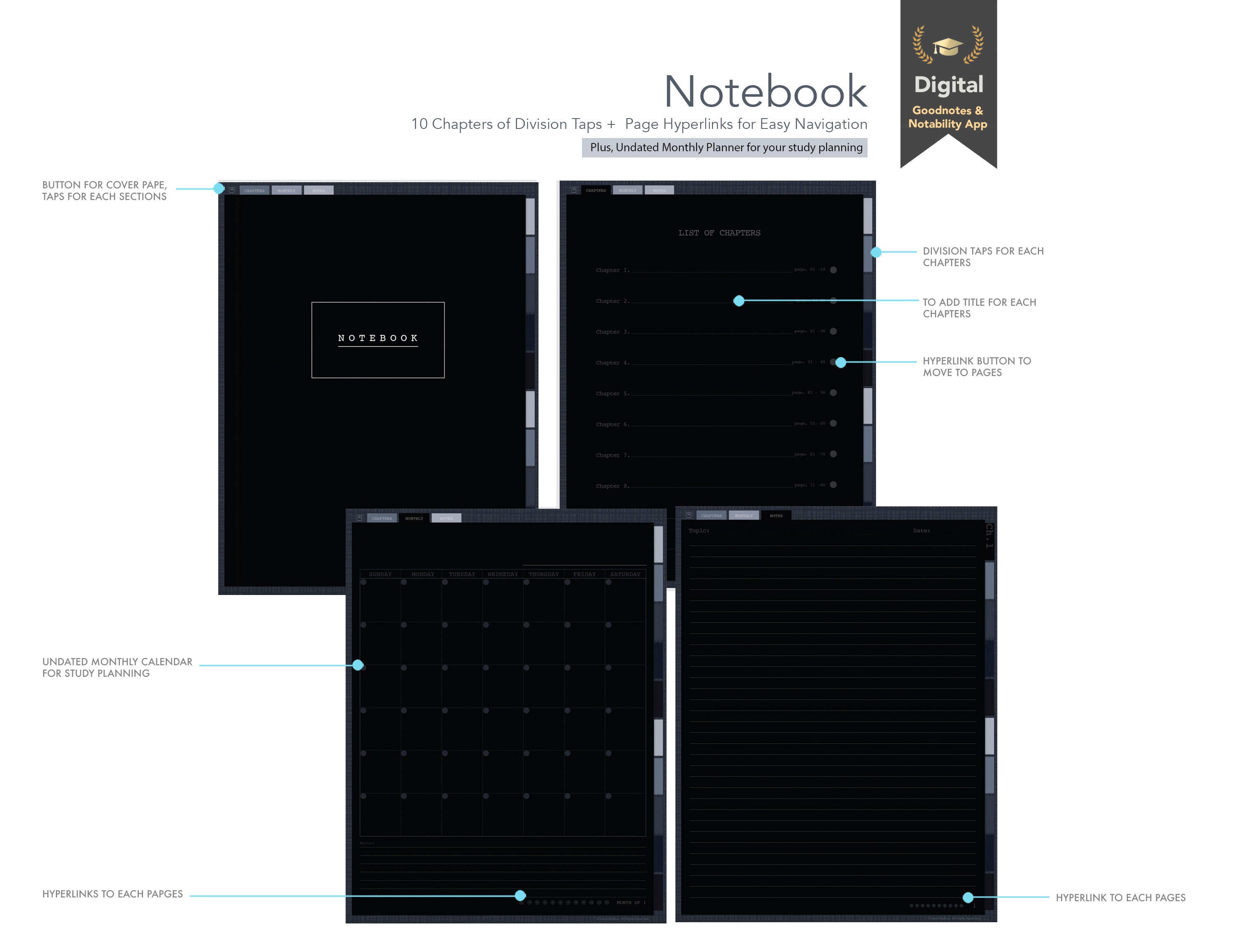 Notebook - Moon Night Theme | Digital Notebook | UNDATED Planner | 2022 ...