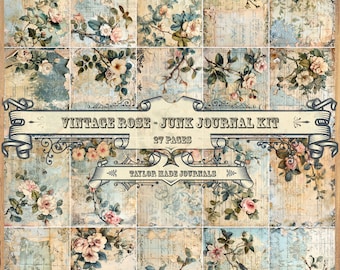 May include: Vintage junk journal kit with 27 pages featuring a floral design with pink roses and green leaves on a beige background. The title "Vintage Rose - Junk Journal Kit" and "27 Pages" are printed in black on a banner with ornate scrollwork.