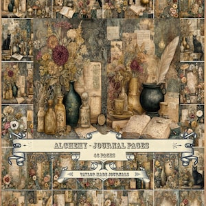 May include: A collection of vintage journal pages featuring floral displays, bottles, and a skull. The banner reads "ALCHEMY - JOURNAL PAGES" and "48 PAGES". The image has a muted colour scheme with sepia tones, evoking a sense of history.