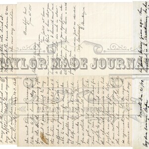 May include: A vintage journal page with handwritten text in black ink. The page is divided into three sections, each with a different handwritten message. The text is faded and worn, giving the page a vintage look. The page is titled "Taylor Made Journals".