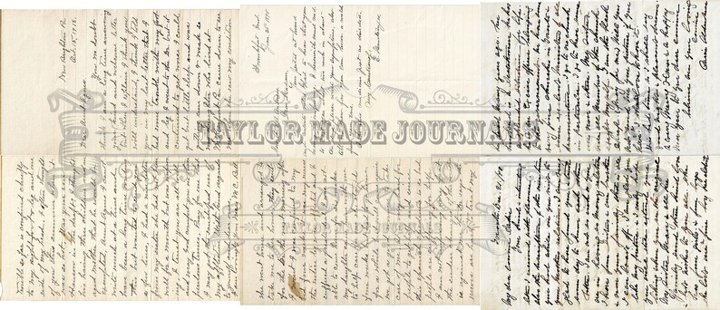 May include: A vintage journal page with handwritten text in black ink. The page is divided into three sections, each with a different handwritten message. The text is faded and worn, giving the page a vintage look. The page is titled "Taylor Made Journals".