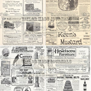 May include: A vintage magazine advertisement page featuring various products, including cameras, medicine, furniture, and food. The page is filled with black and white illustrations and text, showcasing a variety of products from the early 1900s.