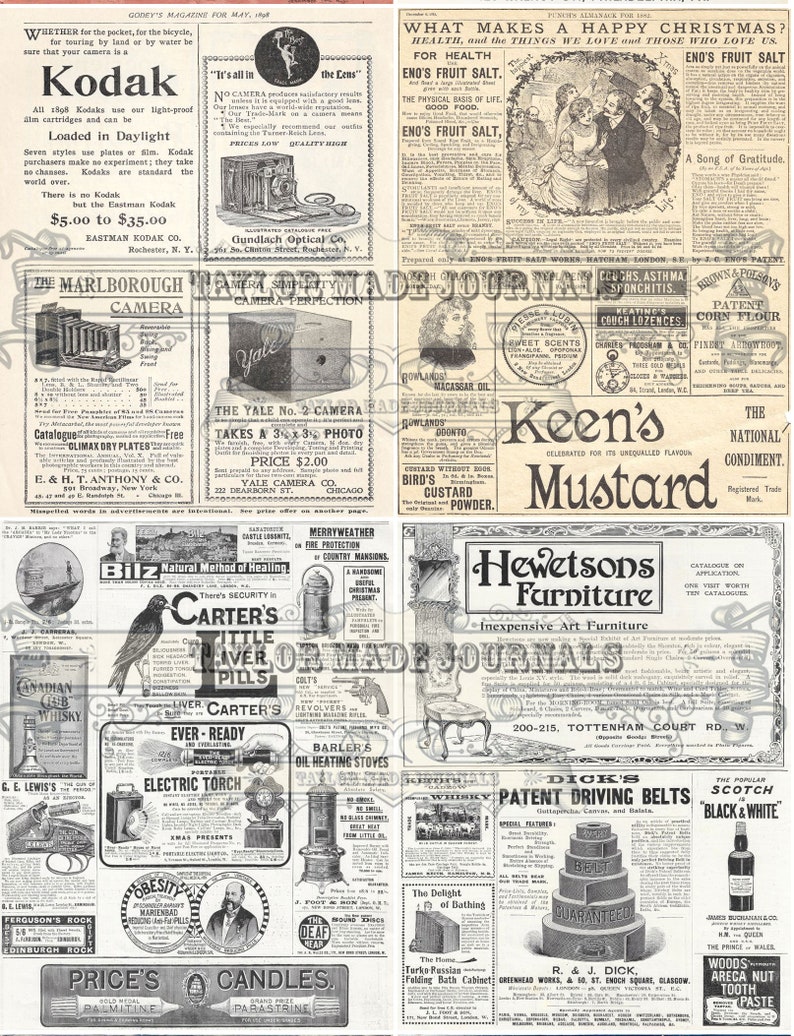 May include: A vintage magazine advertisement page featuring various products, including cameras, medicine, furniture, and food. The page is filled with black and white illustrations and text, showcasing a variety of products from the early 1900s.