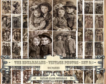 May include: A collage of vintage photographs of children from the Edwardian era. The photos are arranged in a grid pattern and feature children in various poses and clothing. The title "The Edwardians - Vintage Photos - Set 2" and "36 Pages" are displayed at the bottom of the collage.
