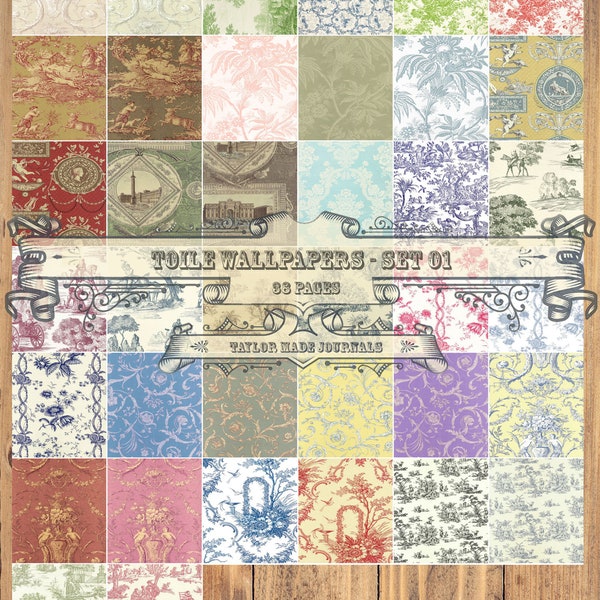 French Toile Wallpaper,Set 1-38 Page,8.5x11,Junk Journal Kit,Wallpaper Kit,Printable Wallpaper,Shabby Chic Digital Kit,Shabby Chic Wallpaper