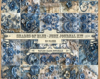 Shades of Blue, 25 Full Size Pages, Lace Digital, Junk Journal Kit, Blue Lace Digital Kit, Shabby Chic Digital, Pink Shabby Chic Digital Kit