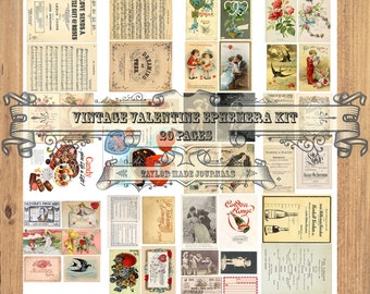 Valentine Ephemera -20 page, Junk Journal Kit, Vintage Valentines Ephemera, Valentine Junk Journal Kit, Digital Kit, Valentines