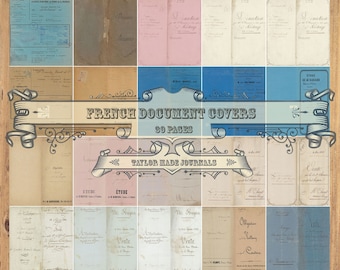 French Document Covers, Junk Journal Kit- 30 pages, French Printable,  Slim French Journal Covers, French Dossier Paper Journal Covers