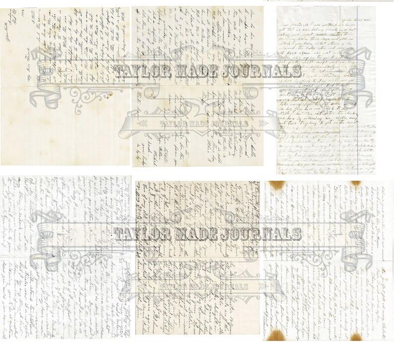 Puede incluir: Seis p&aacute;ginas vintage de texto escrito a mano con una marca de agua que dice "Taylor Made Journals". Las p&aacute;ginas son de color crema con tinta negra y tienen un aspecto desgastado y envejecido.