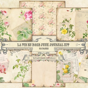La Vie en Rose, kit de journal indésirable - 32 pages, téléchargement numérique, kit numérique rose shabby chic, kit numérique botanique, kit numérique