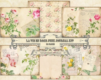 La Vie en Rose, Junk Journal Kit- 32 Pages, Digital Download, Shabby Chic Rose Digital Kit, Botanical Digital Kit, Digital Kit