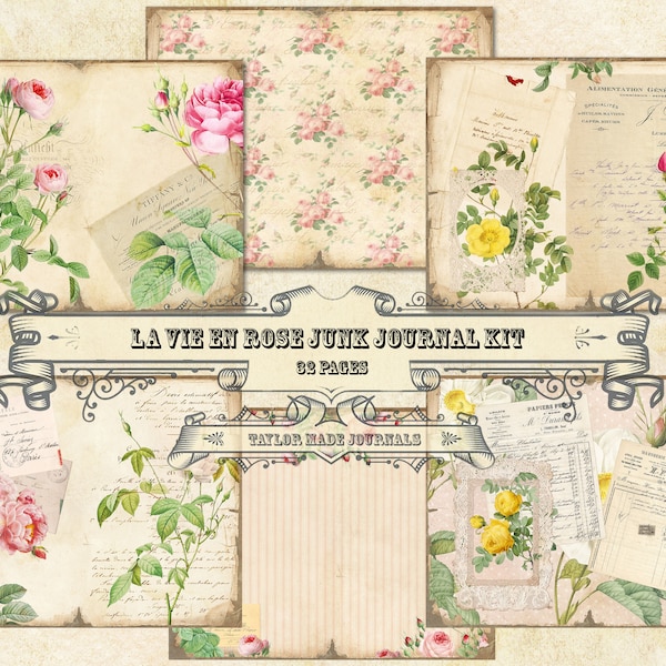 La Vie en Rose, Junk Journal Kit- 32 Pages, Digital Download, Shabby Chic Rose Digital Kit, Botanical Digital Kit, Digital Kit