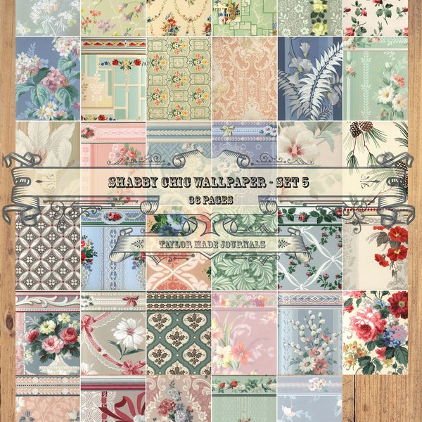 Shabby Chic Wallpaper, SET 5 -36 Page, Digital, Junk Journal Kit, Vintage Wallpaper Samples, Printable Wallpaper, Wallpaper