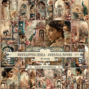 May include: A collage of 36 digital journal pages featuring images of Indian architecture, peacocks, and women in traditional clothing. The title "Enchanted India - Journal Pages" is displayed in a decorative font with the text "30 Pages" and "Taylor Made Journals" below.