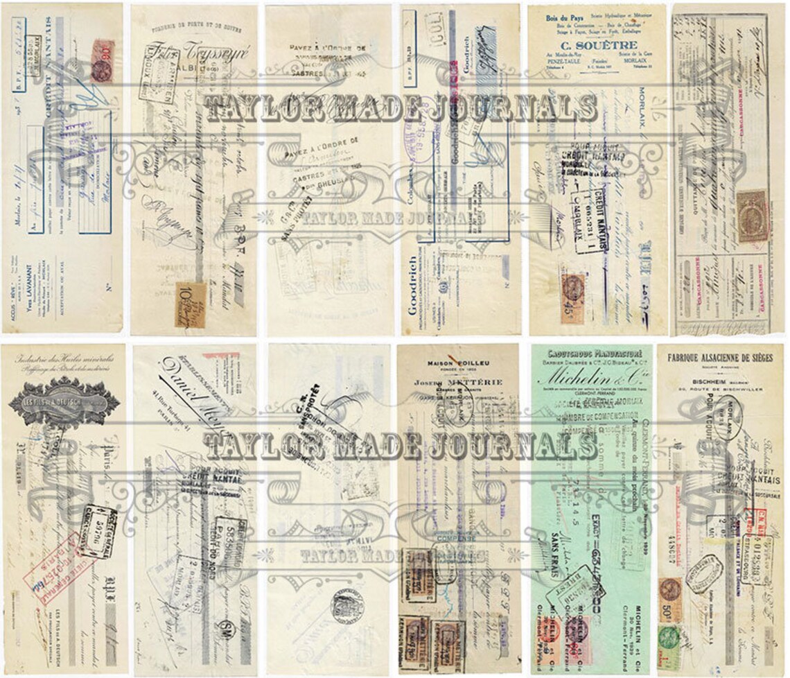 French Cheques, Junk Journal Kit -23 Pages, 2 Cheques per Page, French ...