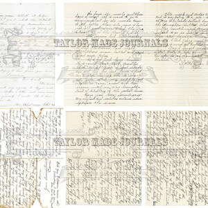 May include: A collage of six vintage journal pages with handwritten text in black ink on cream-colored paper. The text is mostly illegible, but some words are visible, such as "TAYLOR MADE JOURNALS".