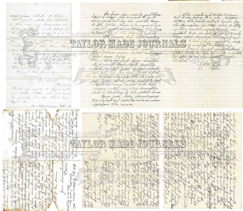 May include: A collage of six vintage journal pages with handwritten text in black ink on cream-colored paper. The text is mostly illegible, but some words are visible, such as "TAYLOR MADE JOURNALS".
