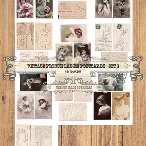 French Postcards, Junk Journal, SET 1 -10 page, French Ephemera, French Digital Kit, French Ladies Postcards, French Printable