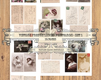 French Postcards, Junk Journal, SET 1 -10 page, French Ephemera, French Digital Kit, French Ladies Postcards, French Printable