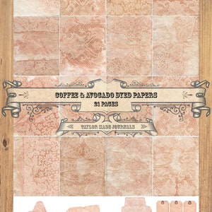 Lace Coffee/Avocado Dyed Paper -21 Page, Junk Journal Kit, Boho Journal Kit, Collage Paper, Avocado Dyed Paper,Printable,Cofffee Dyed Paper
