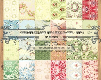 Può includere: Un collage digitale di 36 motivi di carta da parati vintage in una varietà di colori e design. I motivi includono disegni floreali, geometrici e damascati. Il collage è intitolato "Antique Shabby Chic Wallpaper - Set 1 36 Images" e viene accreditato a "Taylor Made Journals".