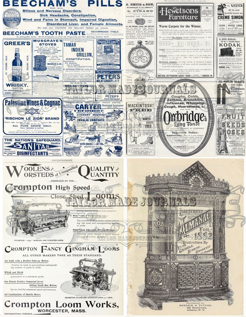 May include: A vintage advertisement for Crompton Loom Works, featuring a black and white illustration of a loom with the text "Crompton High Speed Close Shed Looms". The advertisement also includes a black and white illustration of a large, ornate cabinet with the text "Illustrated Almanac for 1882".
