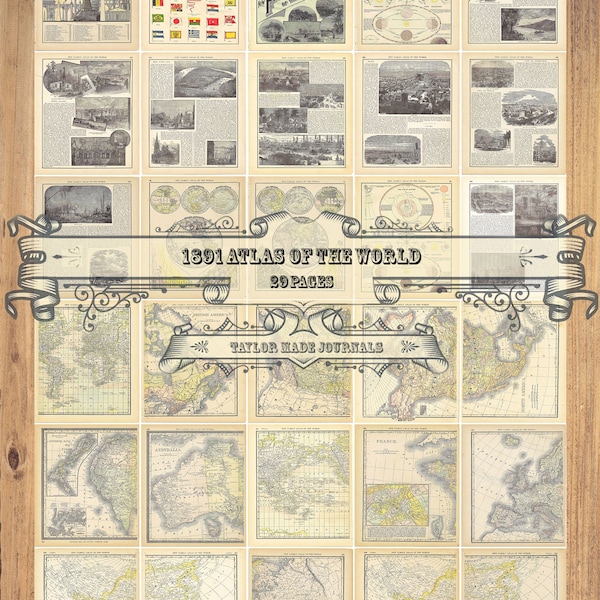 1891 Atlas of the World -29 Page, Printable, Junk Journal Kit, Travel Journal Kit, Printable Map, World Atlas, Vintage Map