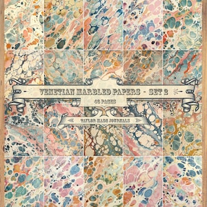 May include: A set of 18 digital papers featuring a Venetian marbled paper design. The papers are in a variety of colours, including pink, blue, green, and yellow. The papers are perfect for scrapbooking, card making, and other paper crafts.