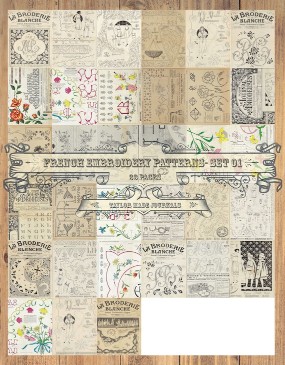 French Embroidery Patterns, Set 1 33 Page,junk Journal Kit,sewing Journal  Kit,sewing Ephemera,digital Junk Journal Kit 