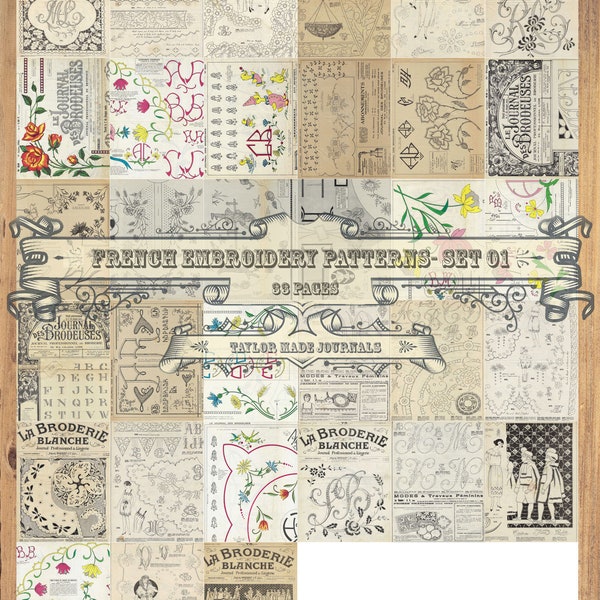 French Embroidery Patterns, Set 1 - 33 Page,Junk Journal Kit,Sewing Journal Kit,Sewing Ephemera,Digital Junk Journal Kit