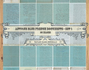 Blue French Documents, Junk Journal Printable, SET 1-25 Page, French Ephemera, French Documents, French Printable, French Digital kit