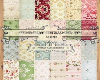 Può includere: Un set di 36 carte digitali stampabili per scrapbooking con motivi di carta da parati shabby chic d'epoca. Le carte sono in una varietà di colori e motivi, tra cui floreale, paisley e damasco. Le carte sono perfette per lo scrapbooking, la creazione di biglietti e altri lavoretti di carta. "Antique Shabby Chic Wallpaper - Set 3, 36 Pages, Taylor Made Journals"
