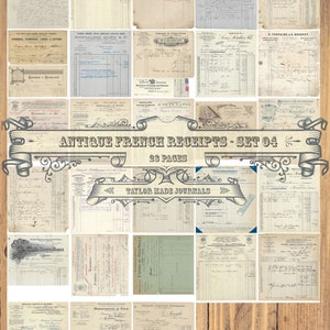 Pokwitowania po francusku, Zestaw Junk Journal, Zestaw 4 -28 stron, Francuskie do druku, Pokwitowania na papierze firmowym, Papier kolażowy, Drukowane efemerydy, Pobieranie cyfrowe