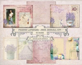 Könnte beinhalten: Ein digitales Junk Journal Kit mit 94 Seiten zum Thema Französischer Lavendel. Das Kit enthält Bilder von Lavendelblüten, Vintage-Text und einem floralen Design. Das Kit trägt den Titel "French Lavender - Junk Journal Kit 94 Pages" und "Taylor Made Journals".