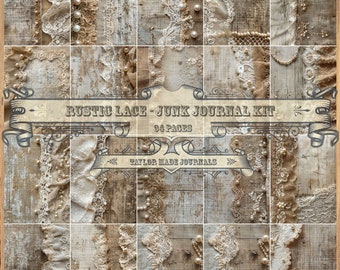 Puede incluir: Un kit de diario de chatarra rústico con 94 páginas con un fondo de madera con encaje y adornos de perlas. El título "Rustic Lace - Junk Journal Kit" se muestra en una fuente vintage.