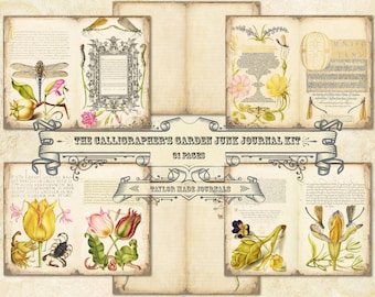 The Calligrapher&#39;s Garden, Junk Journal Kit- 31 Pages, Digital Download, Garden Junk Journal Kit, Digital Garden Junk journal Kit