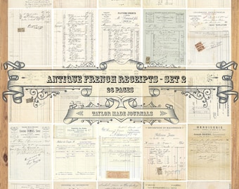 French Receipts, Junk Journal Printable,SET 2-26 page,French Ephemera,Letterhead Receipts,French Digital Kit,French Documents, French Papers