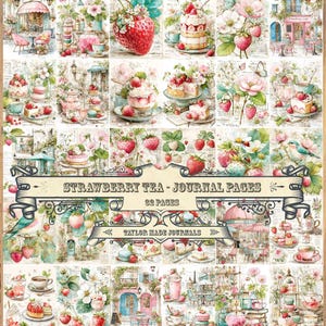 Strawberry Tea, Junk Journal Kit - 32 page, Strawberry Digital Kit, Strawberry Journal Kit