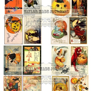 May include: A collection of vintage Halloween postcards featuring illustrations of witches, cats, pumpkins, and children in costumes. The postcards have a variety of colors and designs, including red, green, black, and white.